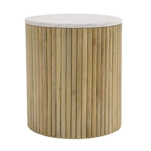 Reed Round End Table – White Marble Top & Solid Mango Wood