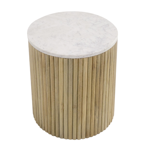 Reed Round End Table – White Marble Top & Solid Mango Wood