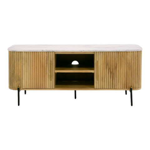 Reed TV Stand – White Marble Top & Solid Mango Wood